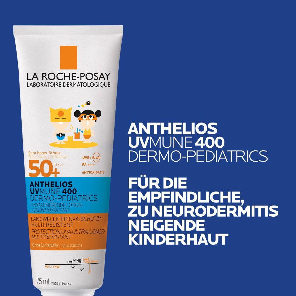 La Roche-Posay Anthelios latte solare bambini SPF 50+. Testo: Per pelli sensibili, a tendenza atopica.