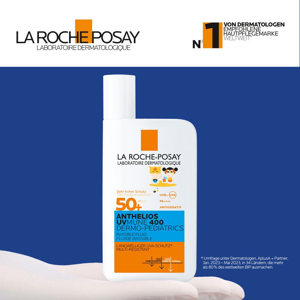 La Roche-Posay Anthelios UVMUNE 400. Flacone bianco con logo arancione. Raccomandazione dermatologica. Protezione solare SPF 50+.