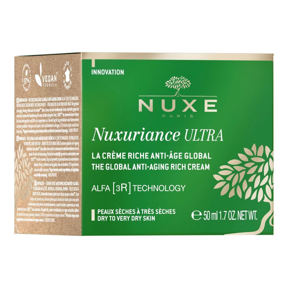 Scatola verde con informazioni sul prodotto. Scritta: NUXE, Nuxuriance Ultra, crema anti-età.