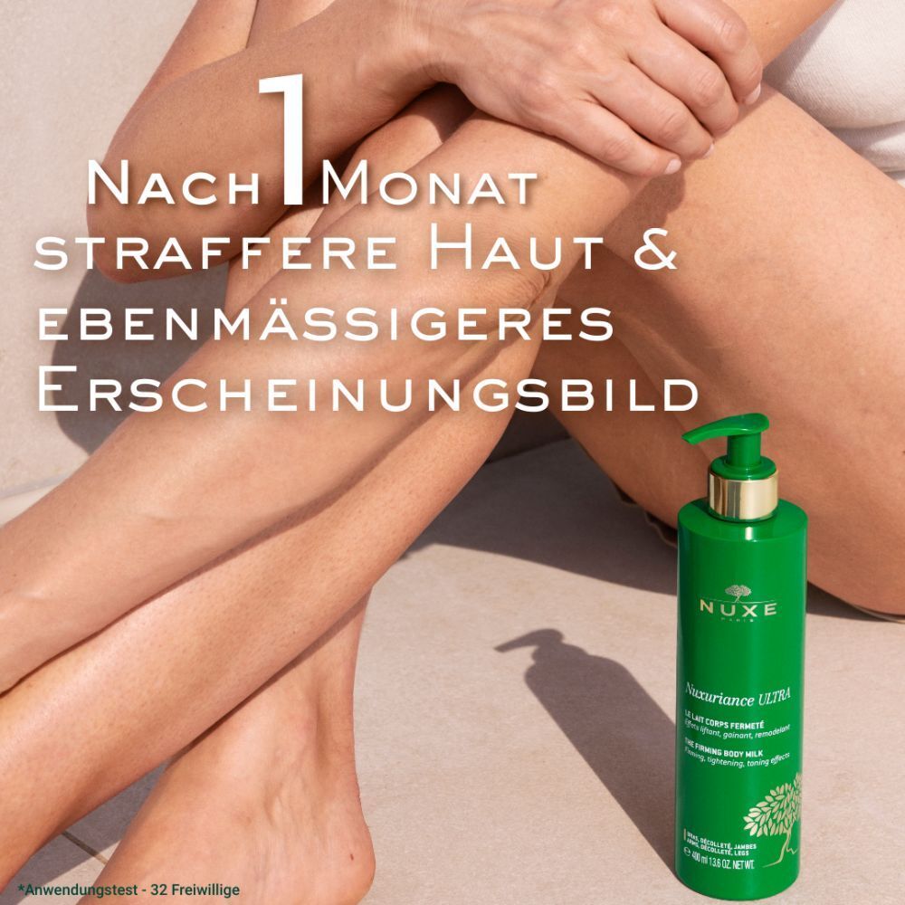 Gambe di una donna. NUXE Nuxuriance® ULTRA Latte Corpo. Testo: Pelle più tonica e aspetto più uniforme.