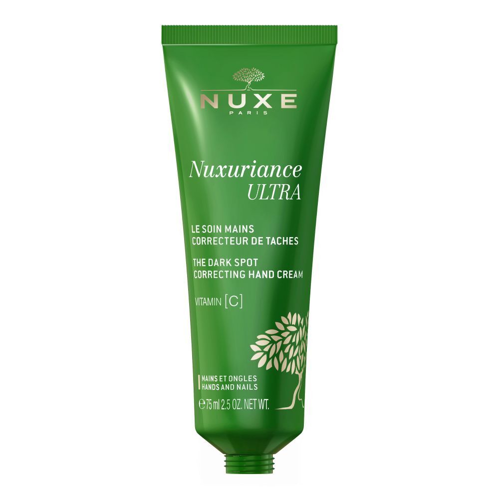 Tubo verde di crema mani NUXE Nuxuriance Ultra. Testo: Le soin mains, Correcteur de taches, Vitamina C. 75ml.