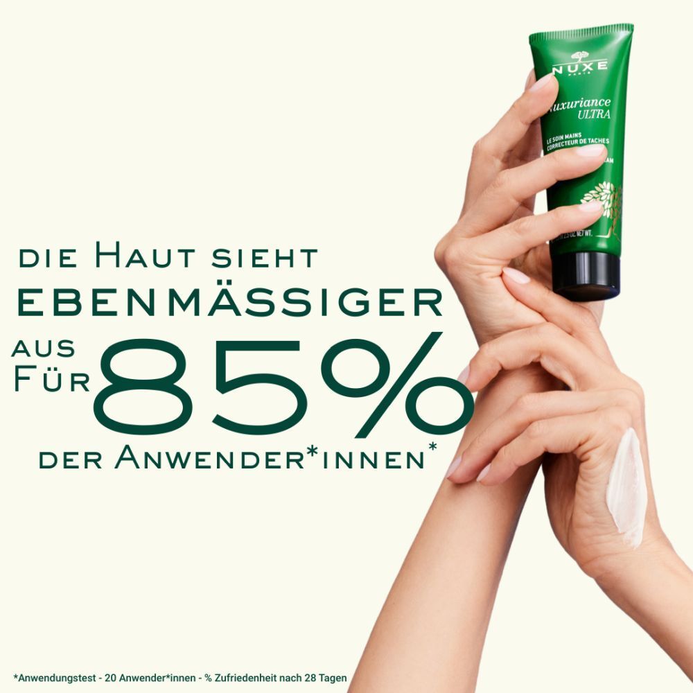 Mani con crema. Testo: La pelle appare più uniforme per l'85% degli utenti.