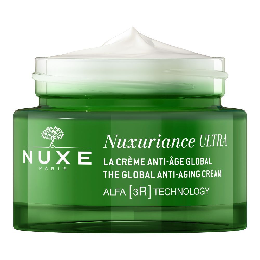 Vasetto di vetro verde con coperchio dorato. Crema in cima. Scritta: NUXE, Nuxuriance ULTRA, La Crème Anti-Âge Global, The Global Anti-Aging Cream.