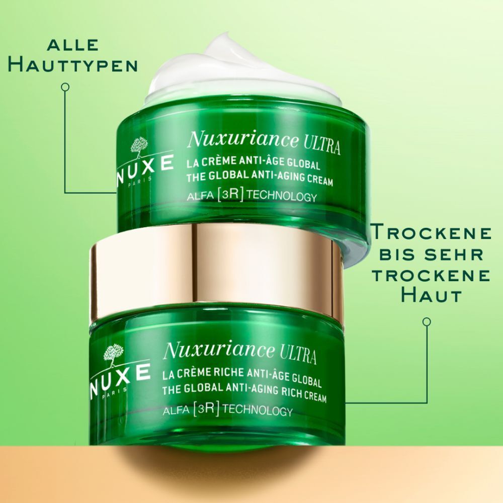 Due vasetti di vetro verde. Sopra: Nuxuriance ULTRA. Sotto: Nuxuriance ULTRA Rich Cream. Testo: Tutti i tipi di pelle, Pelli da secche a molto secche.