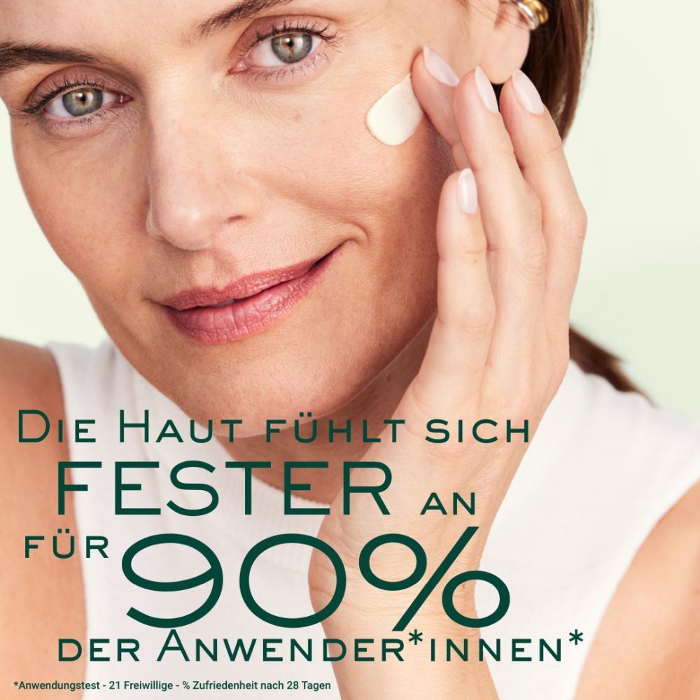 Donna che si tocca il viso. Testo: La pelle è più soda per il 90% degli utilizzatori.