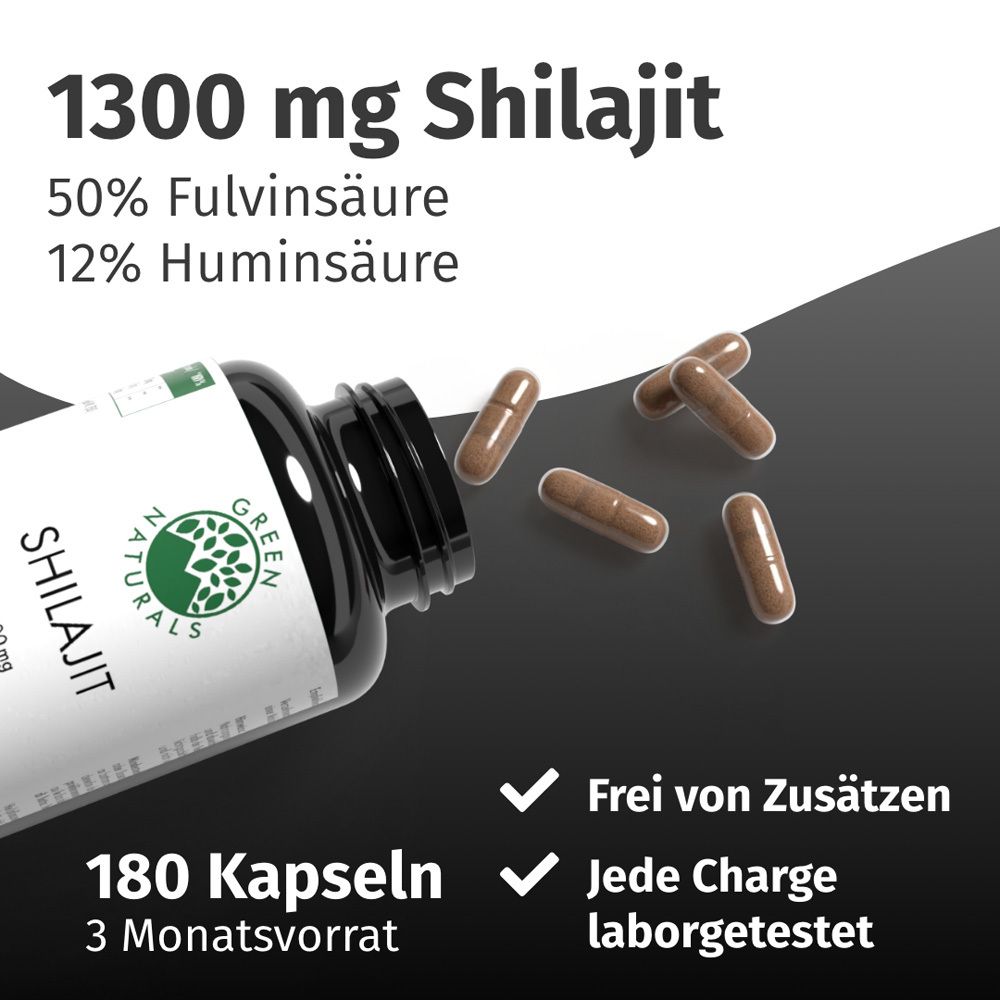 Capsule accanto al flacone. Scritta: 1300 mg Shilajit, 180 capsule, 3 mesi di scorta. Senza additivi, testato in laboratorio.