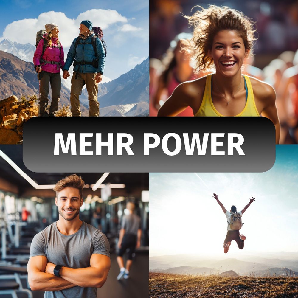 Collage con persone in diverse attività. Testo: MEHR POWER.
