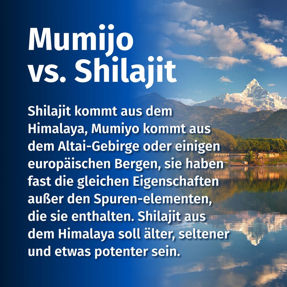 Testo su sfondo blu: Mumijo vs. Shilajit. Il testo spiega le differenze tra Shilajit e Mumijo.