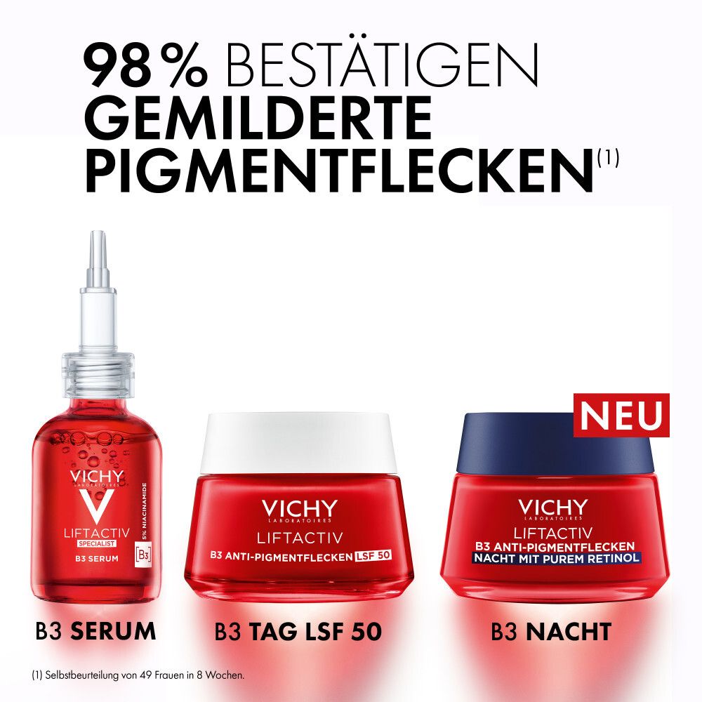 Siero Vichy B3, crema giorno SPF 50 e crema notte anti-macchie.