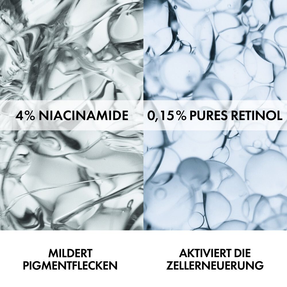 4% Niacinamide e 0,15% Retinolo puro, che attenuano le macchie pigmentarie e attivano il rinnovamento cellulare.
