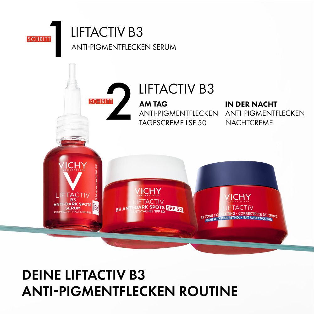 Routine Vichy Liftactiv B3: siero, trattamento giorno SPF 50 e trattamento notte.