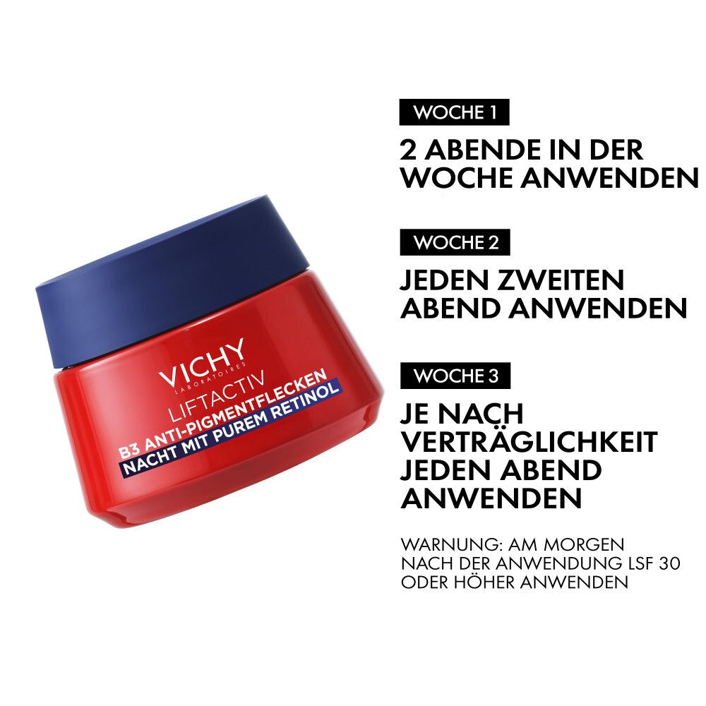 Crema notte Vichy Liftactiv B3 con istruzioni per l'uso per la settimana 1, 2 e 3.
