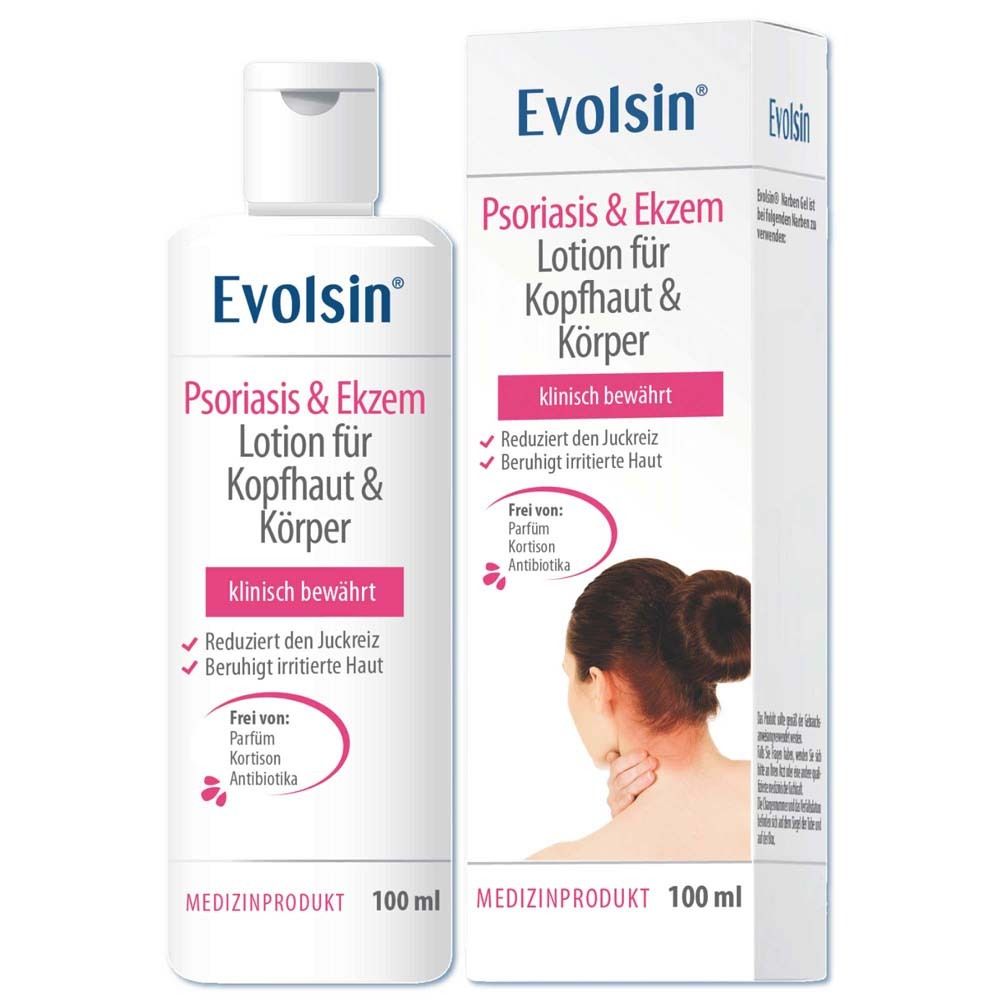 Flacone bianco con lozione. Testo: Evolsin Lozione Psoriasi & Eczema per cuoio capelluto e corpo. 100 ml. Dispositivo medico.