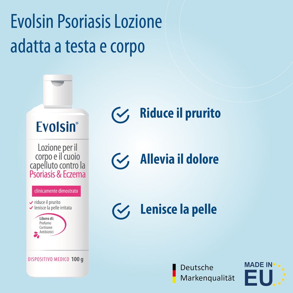 Flacone bianco con lozione. Testo: Evolsin Lozione Psoriasi & Eczema per cuoio capelluto e corpo. 100 ml. Medico.