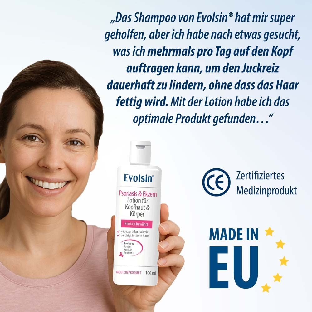 Donna che tiene un flacone bianco. Testo: Evolsin Lozione Psoriasi & Eczema. Marchio CE. Made in UE. 100 ml.