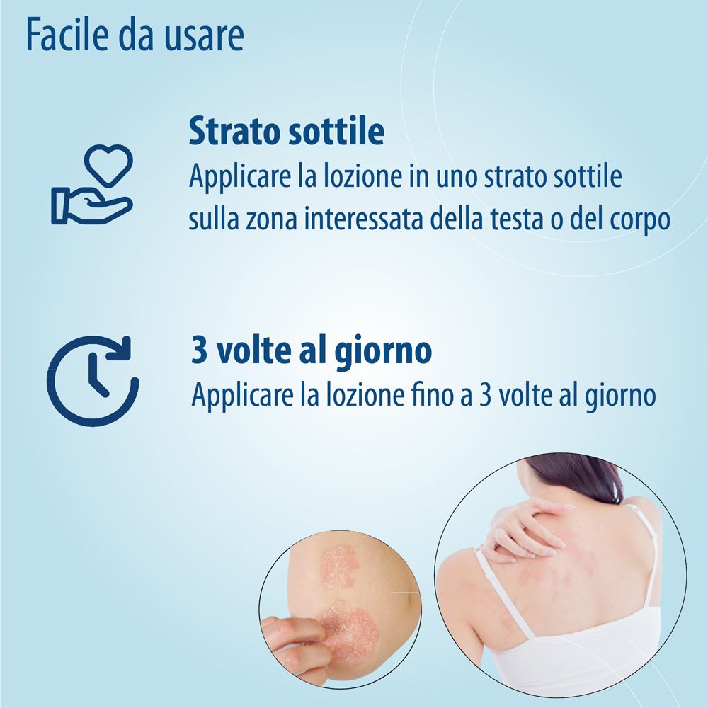 Flacone bianco con lozione. Testo: Evolsin Lozione Psoriasi & Eczema per cuoio capelluto e corpo. 100 ml. Medico.