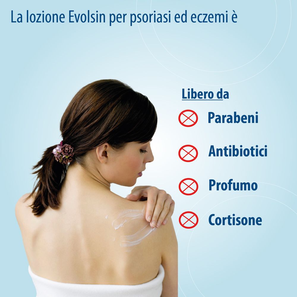 Lozione Evolsin: priva di parabeni, antibiotici, profumo, cortisone.