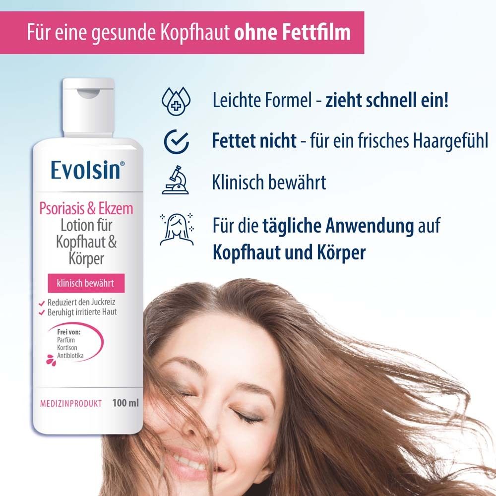 Donna con lozione. Testo: Evolsin Lozione Psoriasi & Eczema per cuoio capelluto e corpo. Formula leggera. Uso quotidiano.