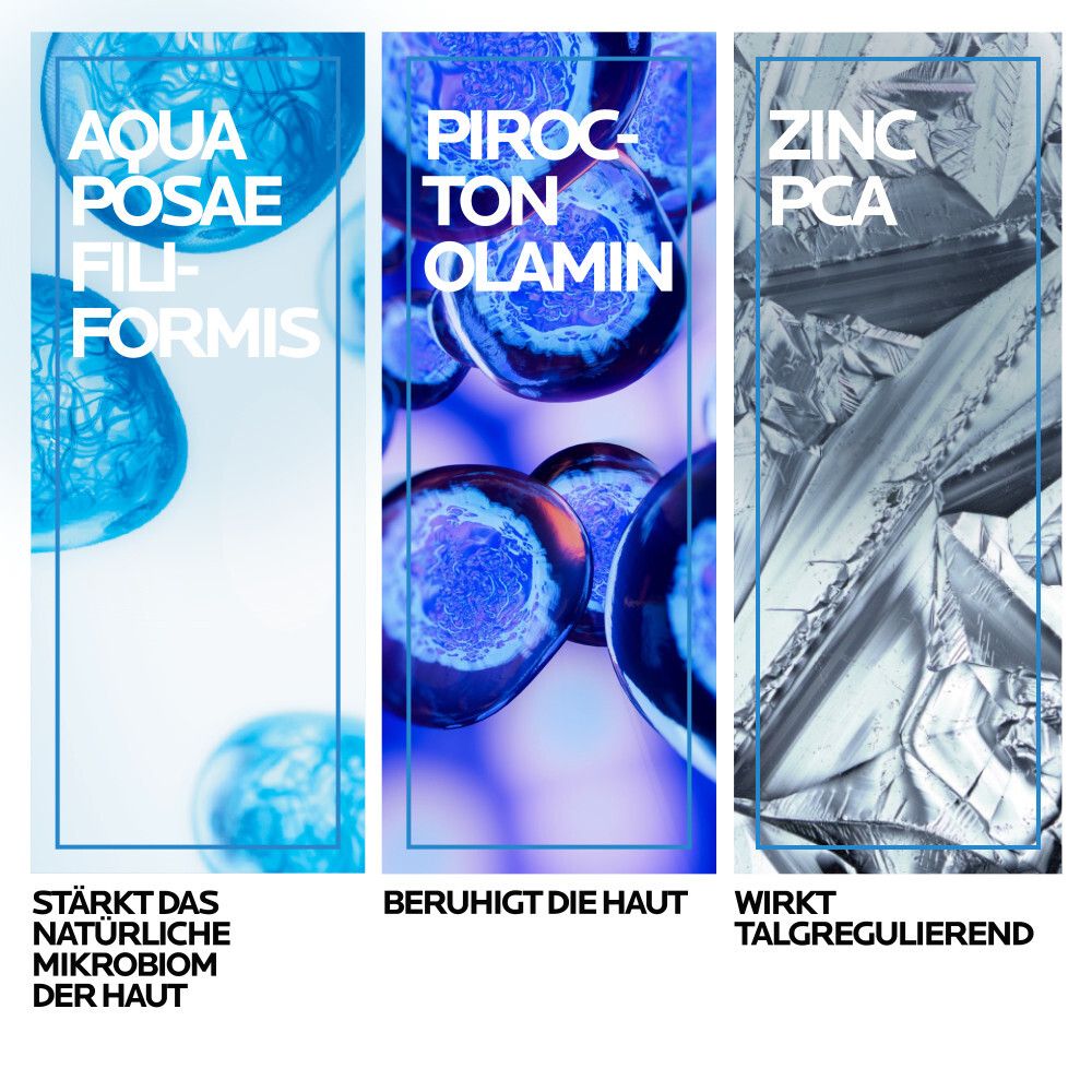 Tre illustrazioni di ingredienti: Aqua Posae Filiformis, Piroctone Olamine, Zinc PCA. Testo in tedesco.