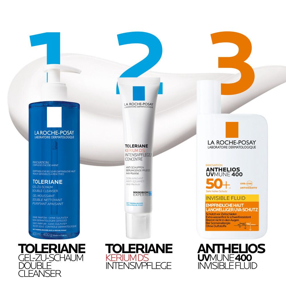 Tre prodotti: La Roche-Posay Toleriane Gel-schiuma Double Cleanser, Toleriane Kerium DS Intensivpflege, Anthelios UVMUNE 400 Invisible Fluid.