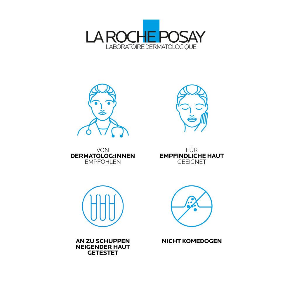 Logo La Roche-Posay. Testo: Raccomandato dai dermatologi. Adatto alle pelli sensibili. Testato su pelle a tendenza squamosa. Non comedogenico.