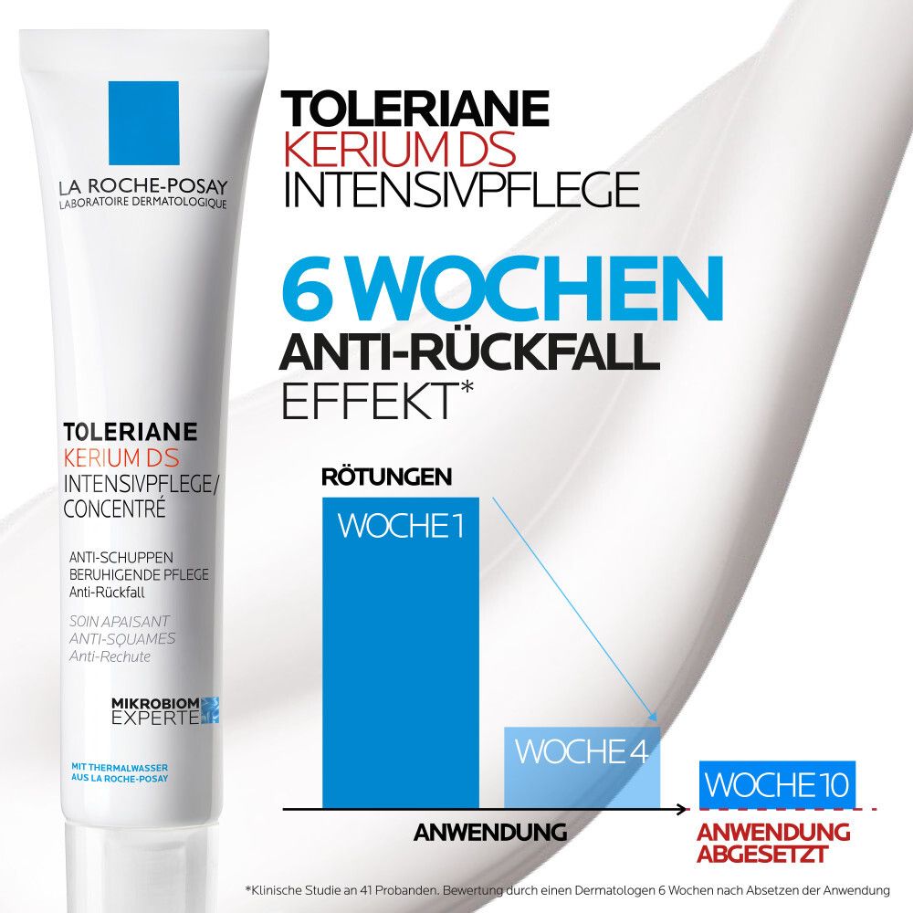 La Roche-Posay Toleriane Kerium DS Intensivpflege. Effetto anti-ricomparsa 6 settimane. Grafico con settimane 1, 4 e 10.