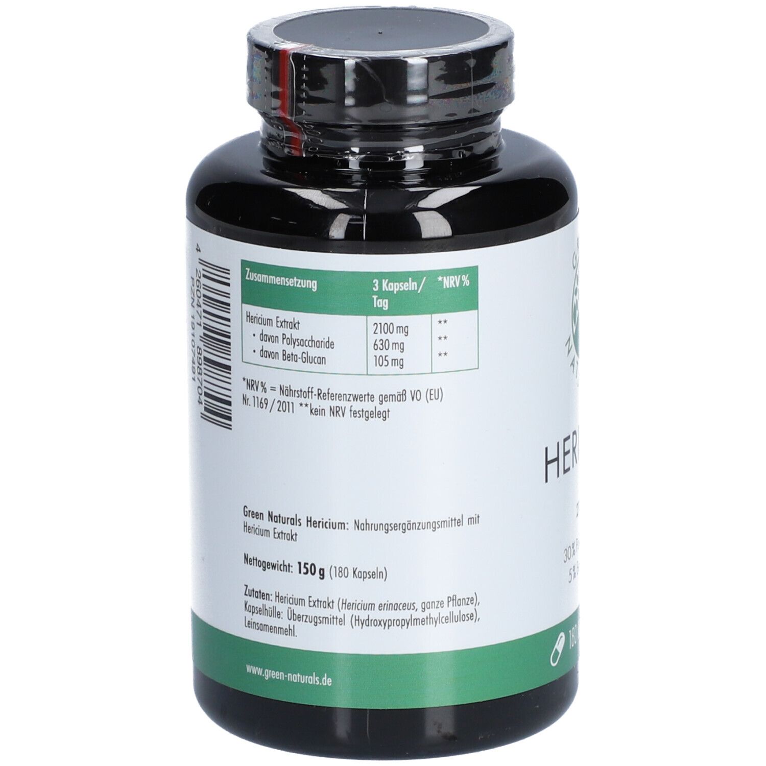 Retro del flacone. Ingredienti e informazioni nutrizionali. Testo in tedesco. Etichetta verde e bianca. Flacone nero.