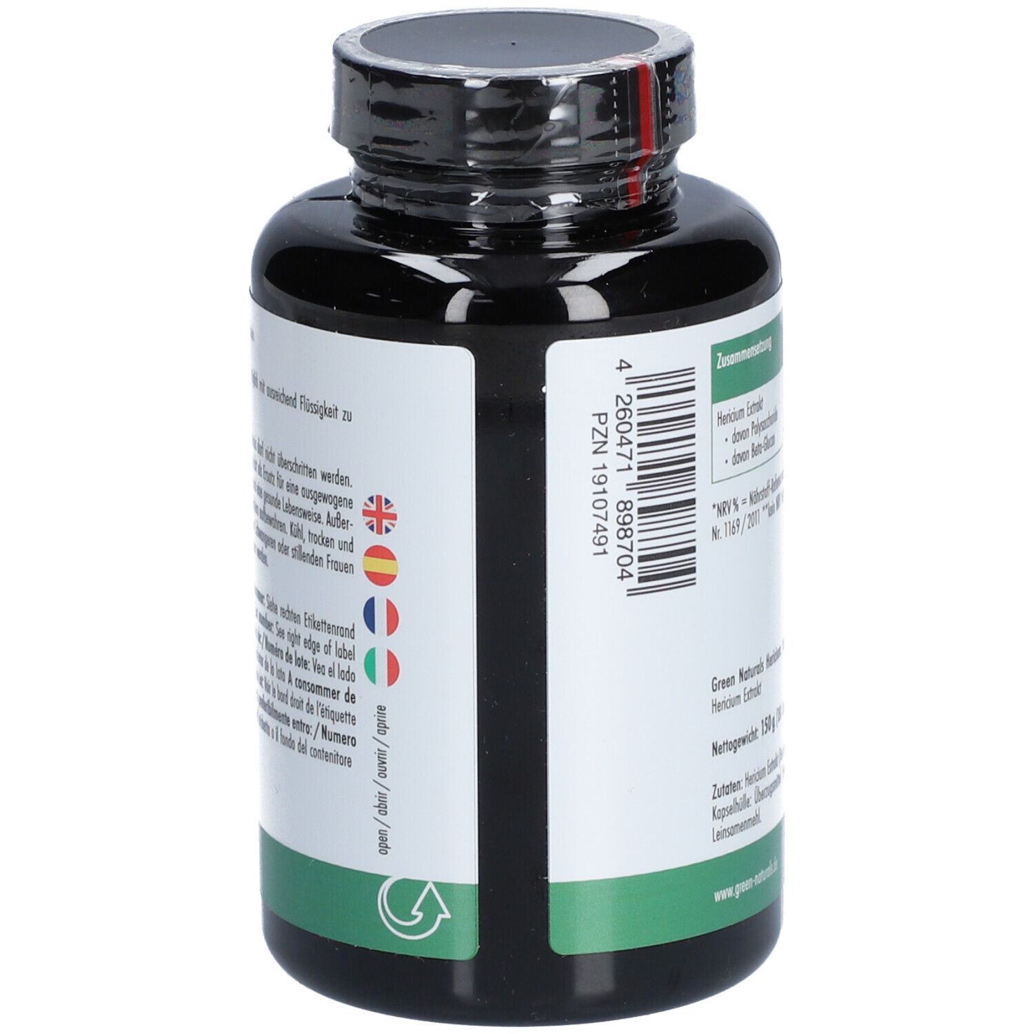 Flacone nero con etichetta bianca. Testo multilingue. Simbolo di riciclaggio. Etichetta verde e bianca.