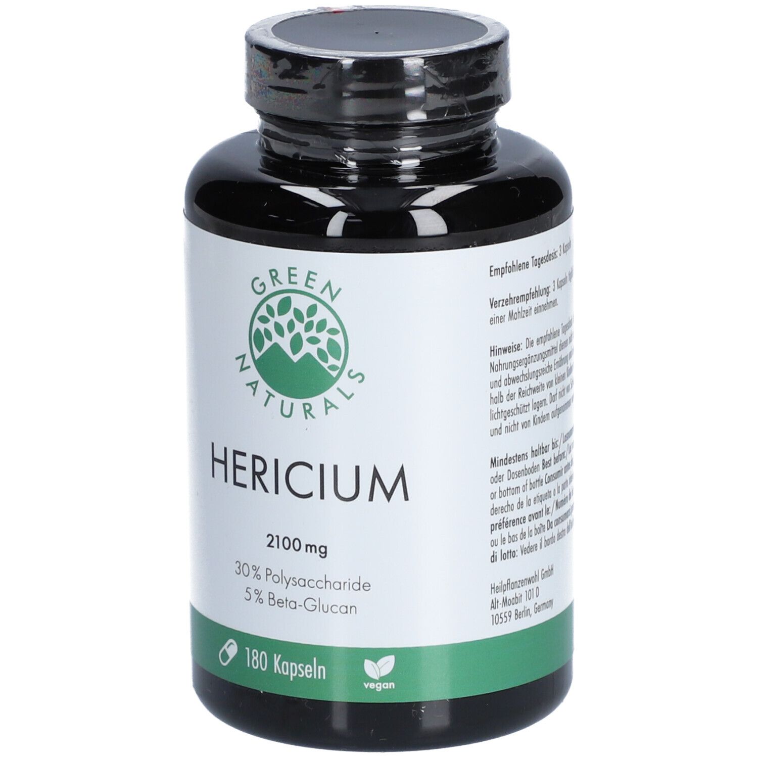 Flacone nero con etichetta bianca. Scritta: Hericium 2100mg, 180 capsule. Logo verde e bianco. Sigillo vegano.