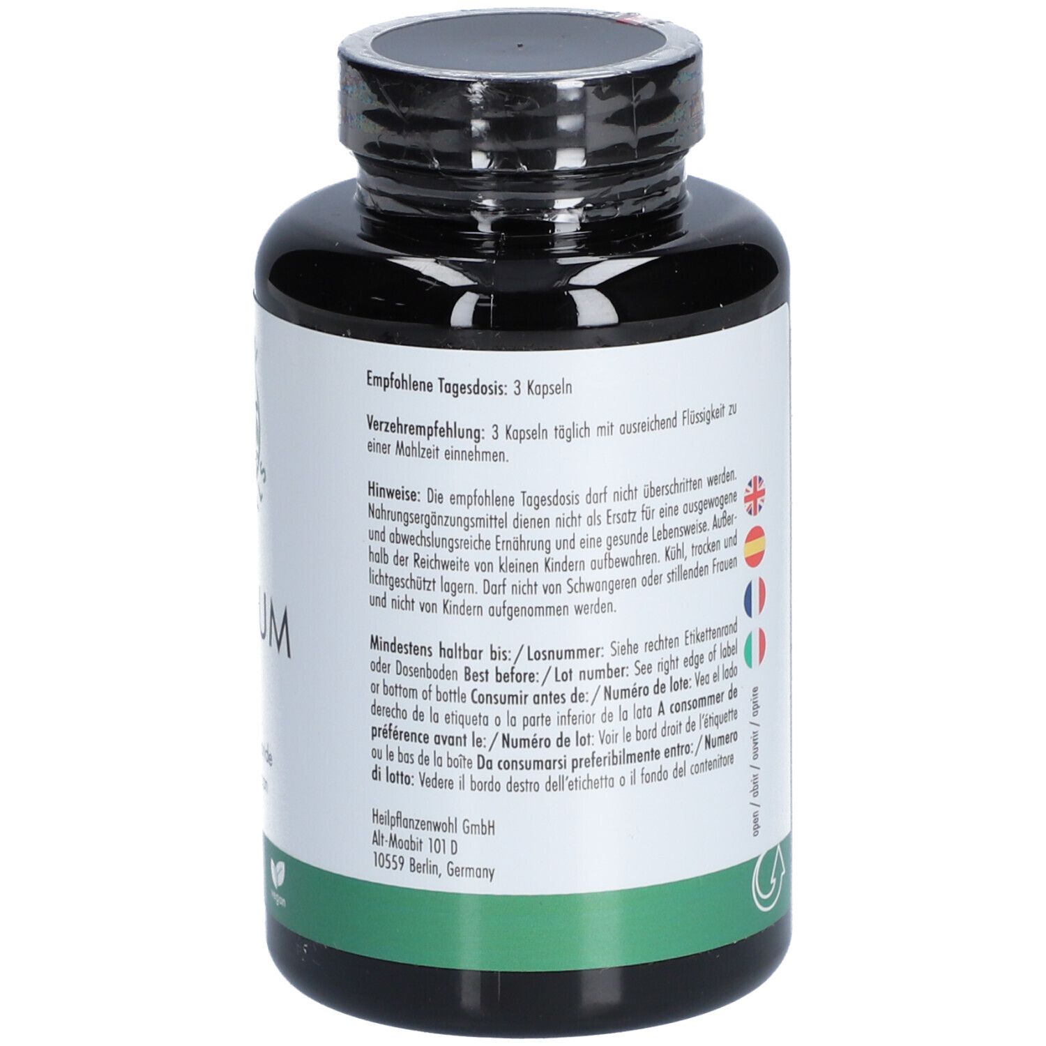 Retro del flacone. Raccomandazioni di dosaggio e avvertenze. Testo multilingue. Etichetta verde e bianca.