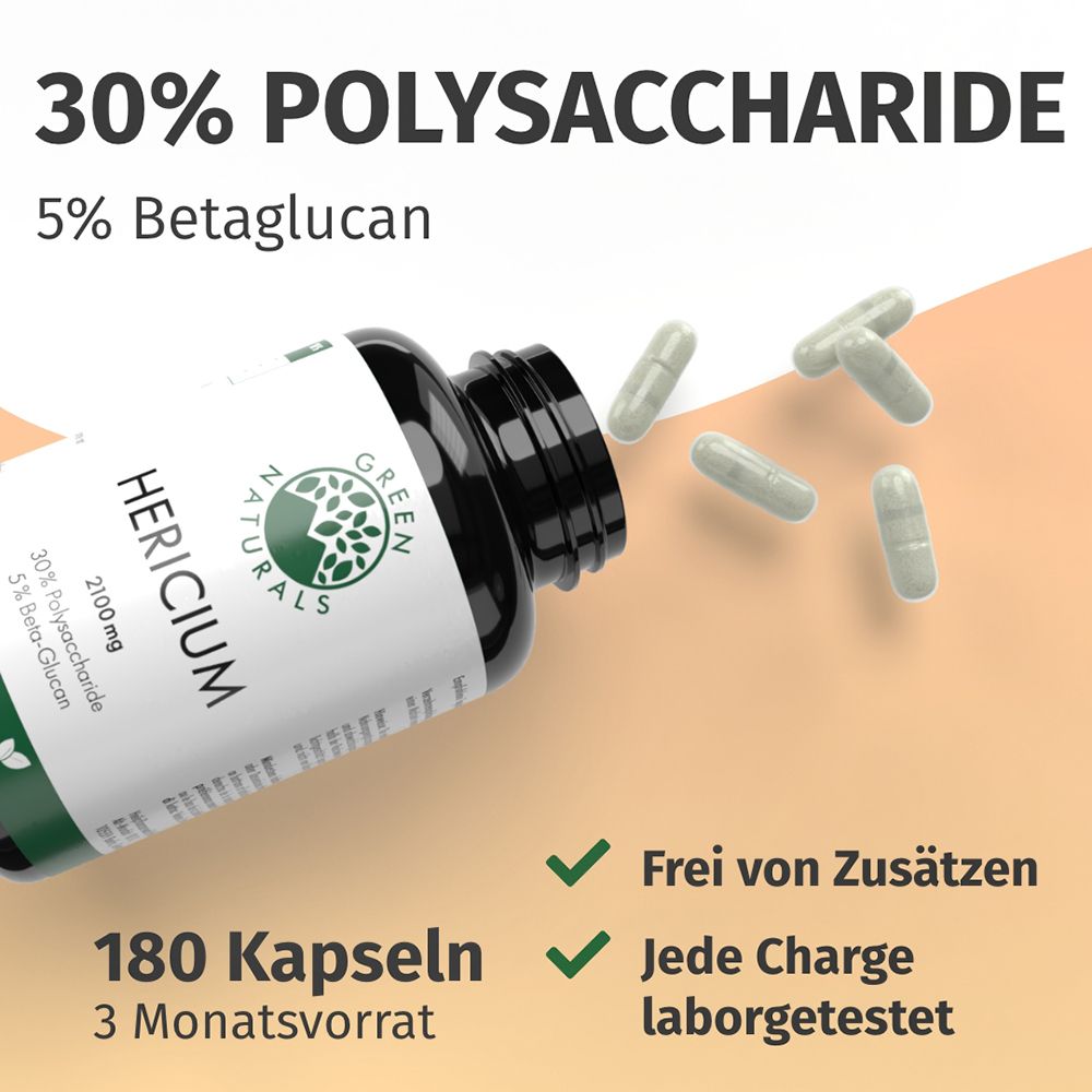 Barattolo GREEN NATURALS HERICIUM, 180 capsule, 30% polisaccaridi, 5% beta-glucano. Senza additivi, testato in laboratorio.