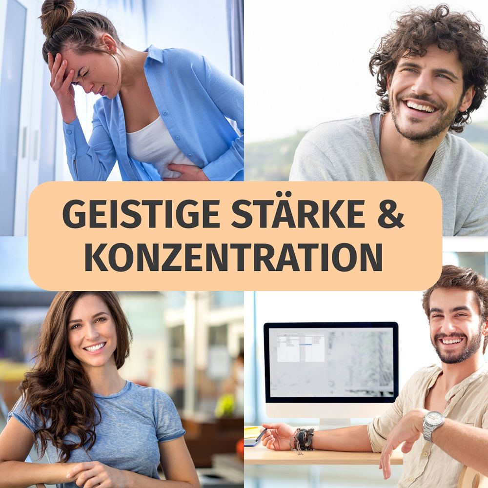 Collage con persone che mostrano forza mentale e concentrazione. Correlato al prodotto.