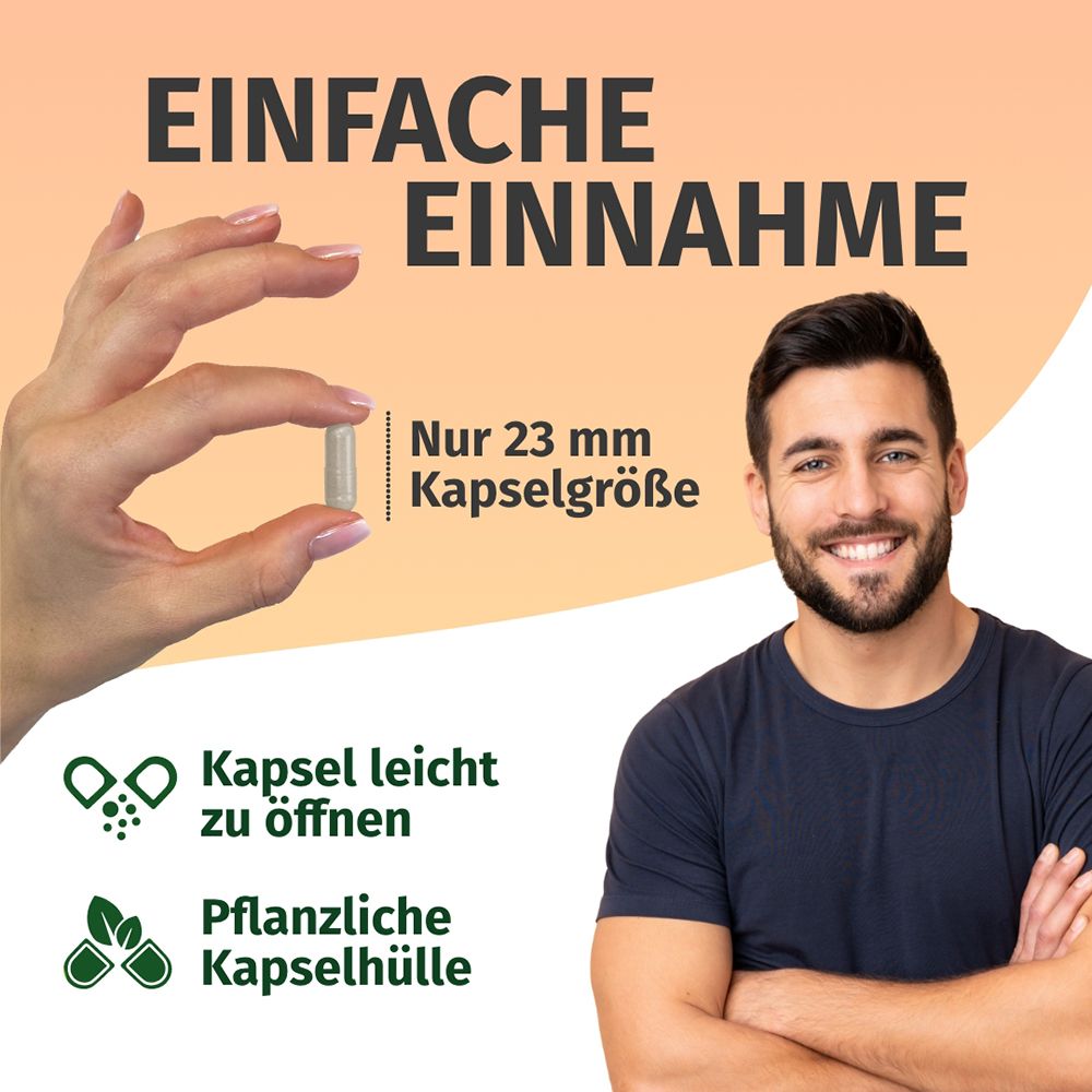 Mano che mostra la dimensione della capsula (23mm). "Facile assunzione". Capsula vegetale.
