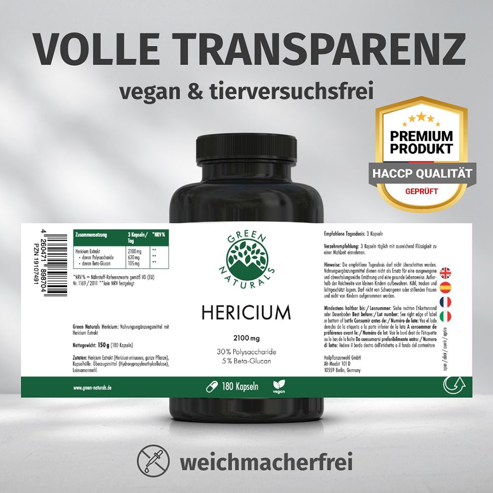 Barattolo GREEN NATURALS HERICIUM con etichetta. "Piena trasparenza", "vegano e cruelty-free". Prodotto premium, qualità HACCP.