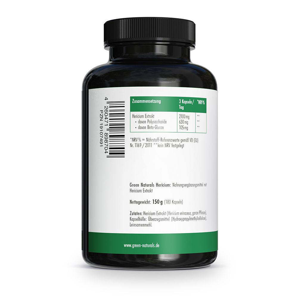 Retro del barattolo HERICIUM con informazioni nutrizionali: 2100mg di estratto di Hericium per 3 capsule.