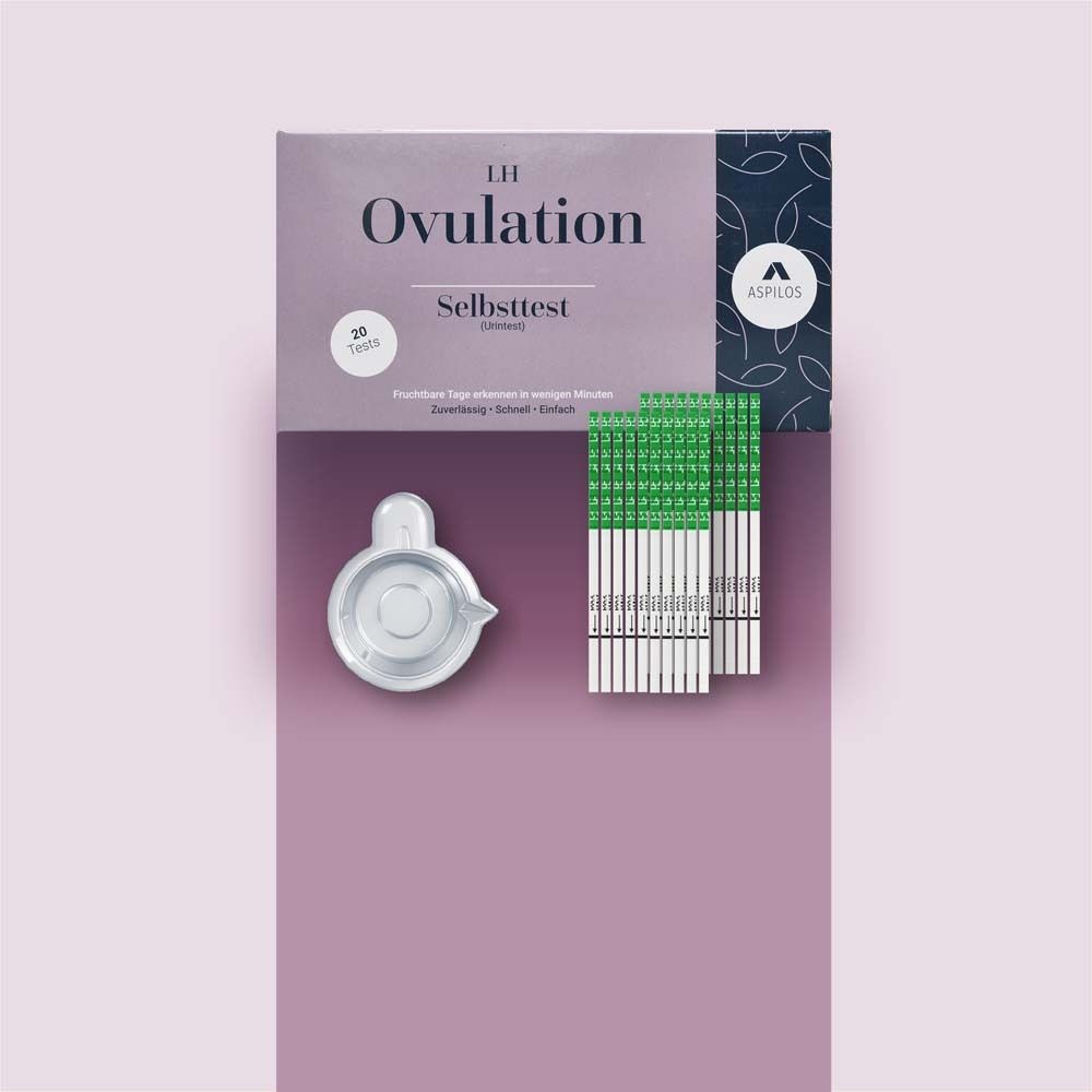 Confezione test ovulazione, strisce e contenitore. Logo ASPILOS.