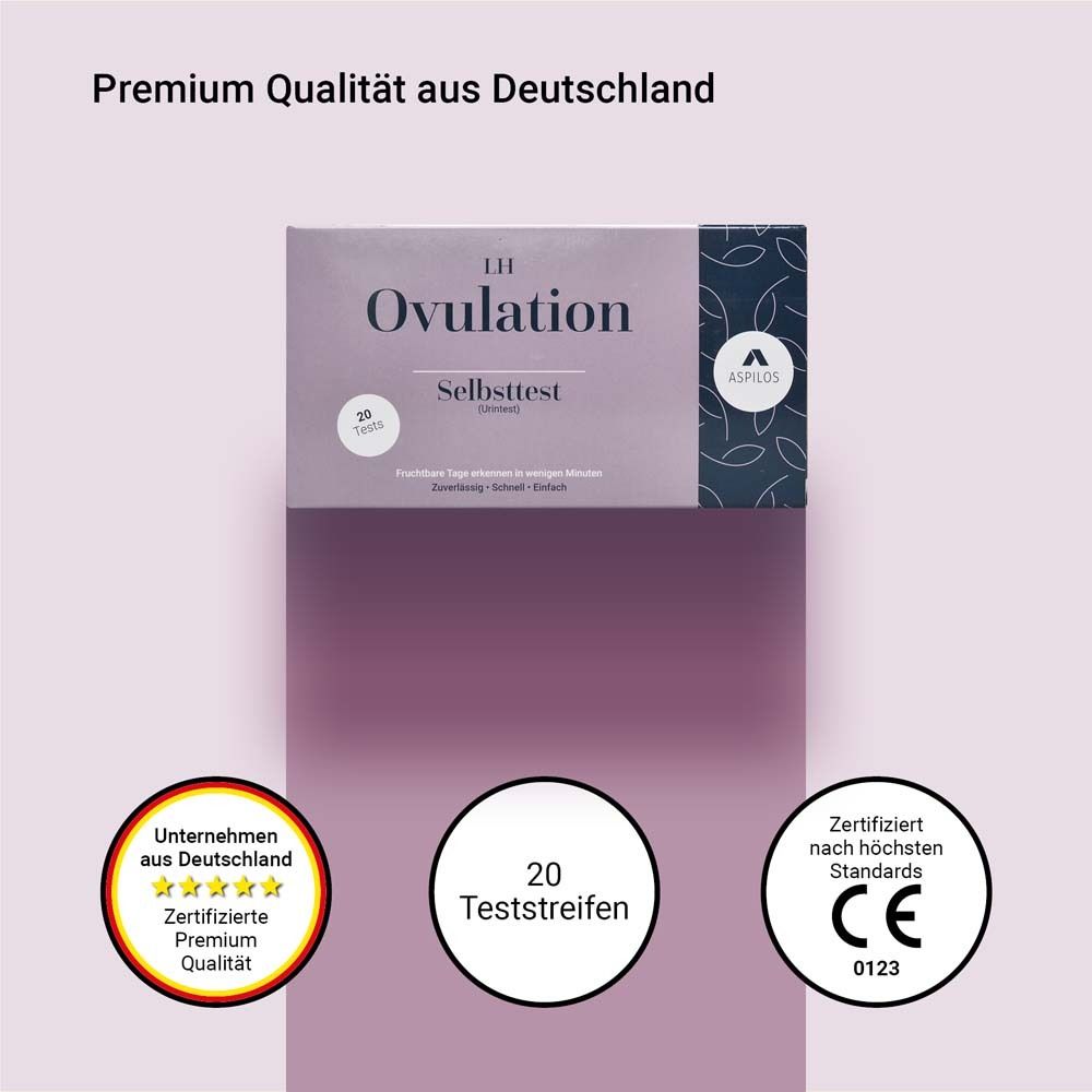 Confezione test ovulazione. Testo: Qualità premium dalla Germania. Marchio CE.