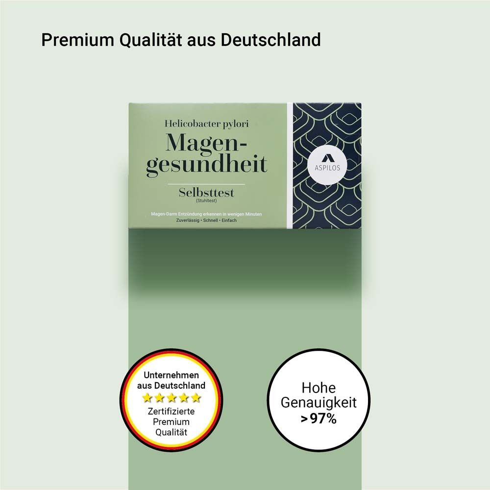 Prodotto con testo 'Premium Qualität aus Deutschland'. Logo e testo 'Hohe Genauigkeit >97%'