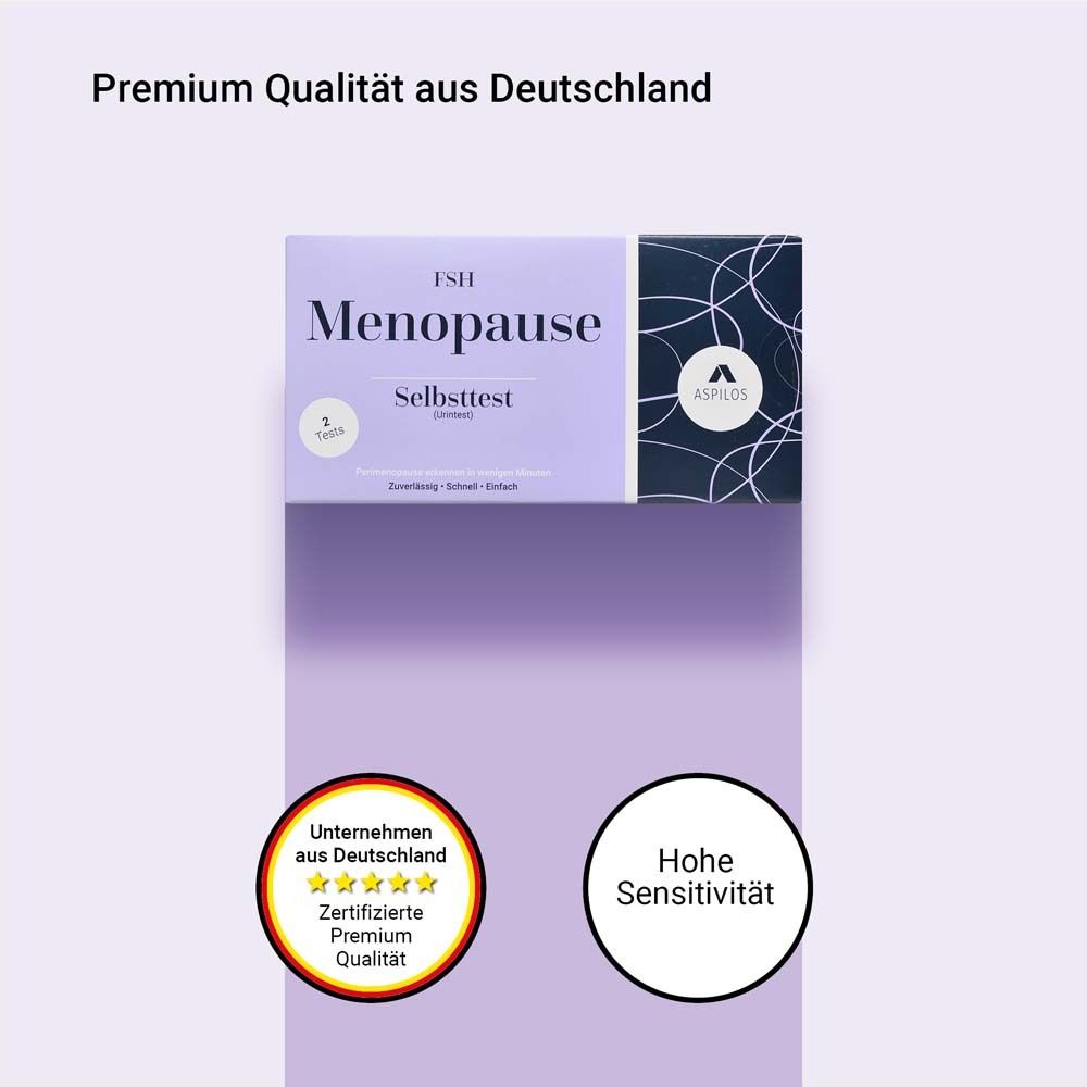 Confezione test FSH Menopausa. Testo: Qualità premium dalla Germania. Alta sensibilità.