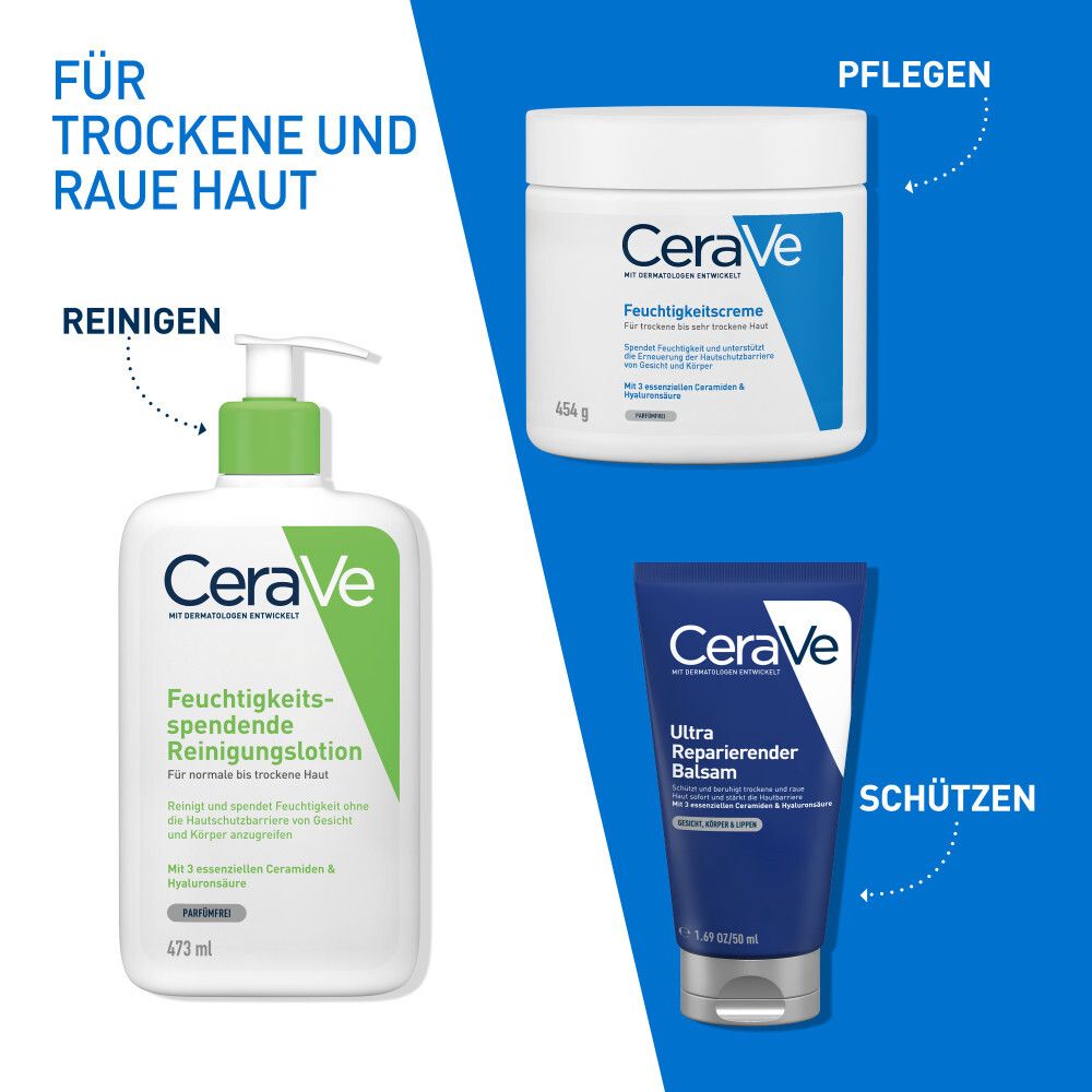 Prodotti CeraVe: Lozione detergente, crema idratante, Ultra Balsamo Riparatore.
