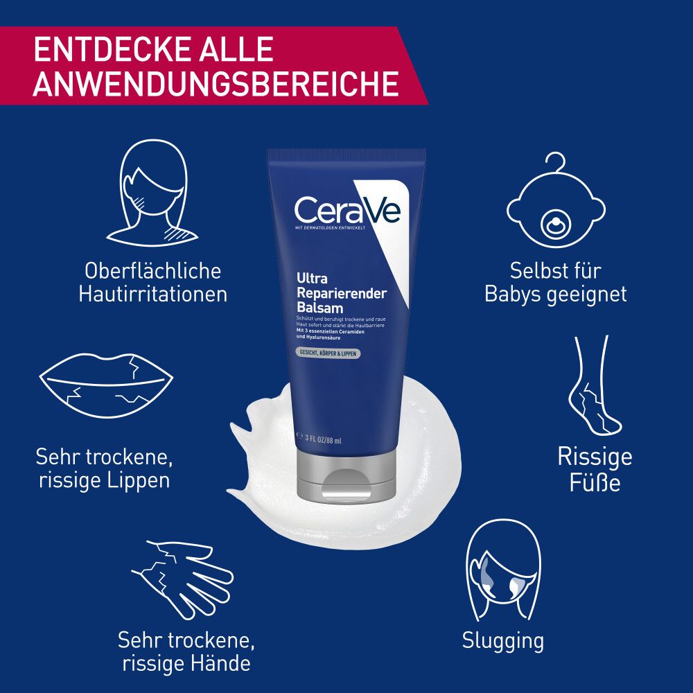 Aree di applicazione di CeraVe Ultra Balsamo Riparatore: viso, labbra, mani, piedi, ecc.