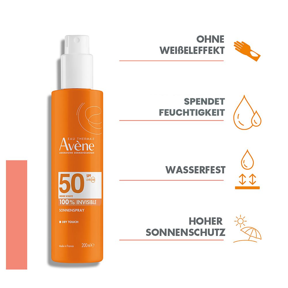 Flacone spray arancione con erogatore bianco. Testo: Avène, 50 SPF, Sonnenspray. Icone: senza effetto bianco, resistente all'acqua.