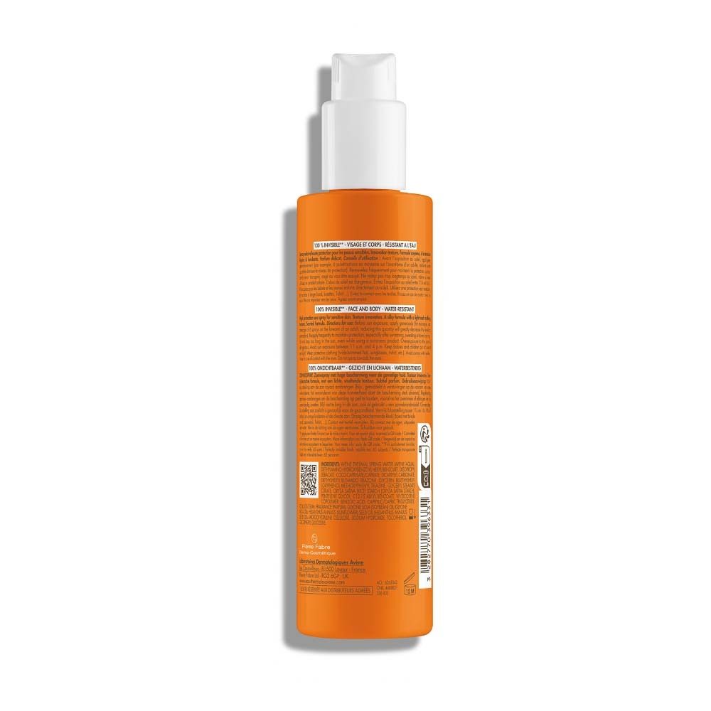 Retro di un flacone spray arancione. Testo e codice QR. Informazioni sul prodotto.