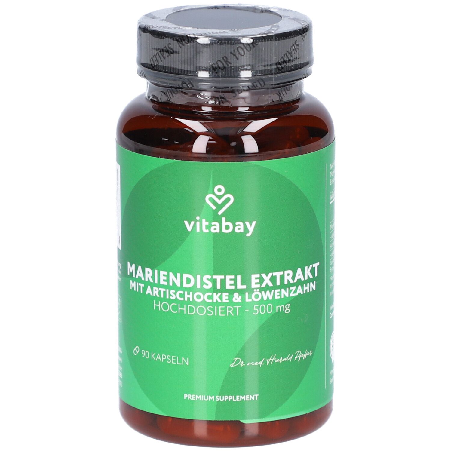 Flacone marrone con etichetta verde. Scritta: Mariendistel Extrakt, Carciofo & Tarassaco. Marca: Vitabay. 90 capsule.