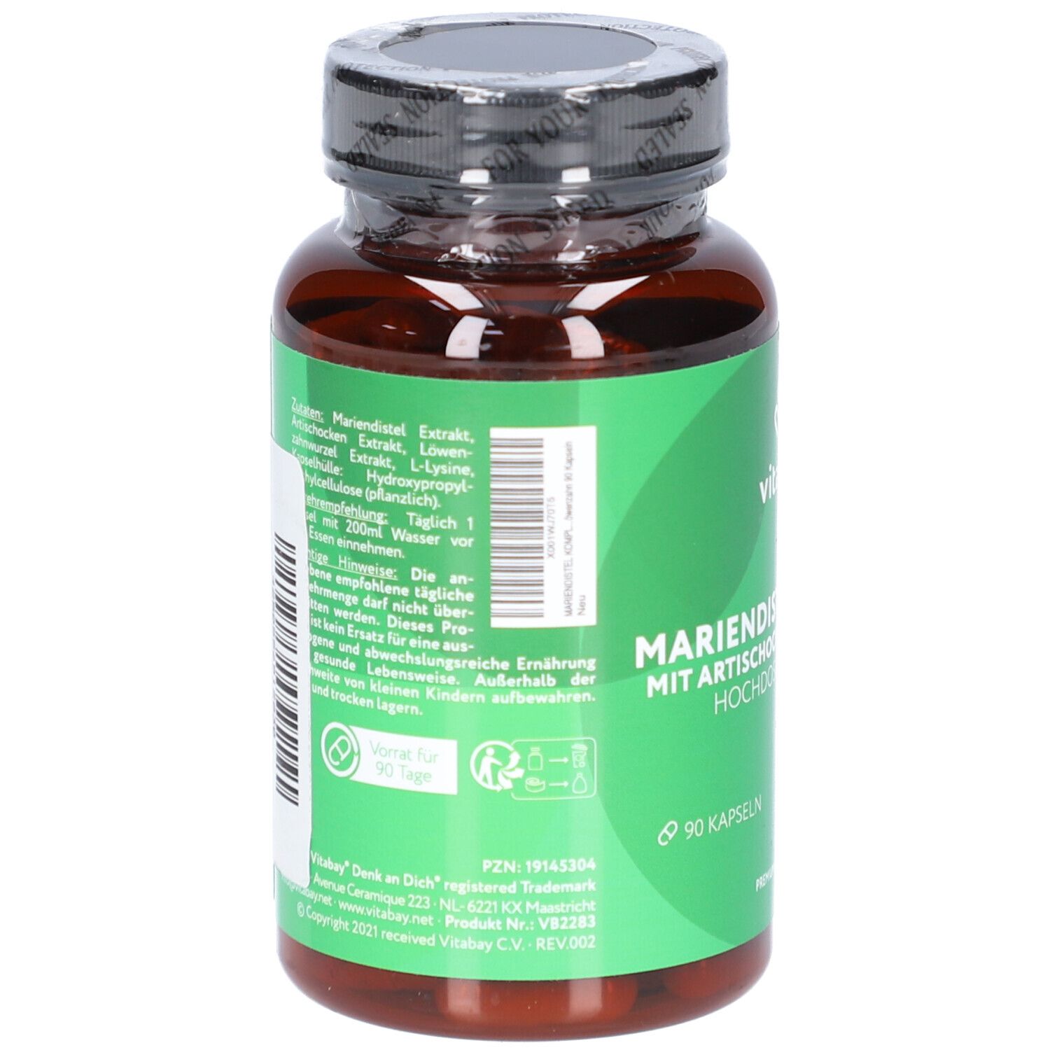 Retro del flacone di capsule con etichetta verde. Contiene ingredienti e istruzioni per l'uso. 90 capsule. Marca: Vitabay.