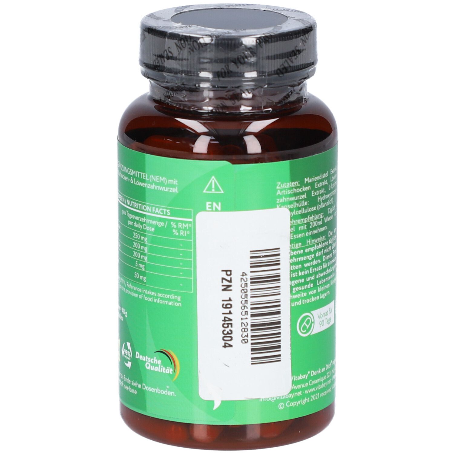 Retro del flacone di capsule con etichetta verde. Contiene informazioni nutrizionali e del produttore. Marca: Vitabay.