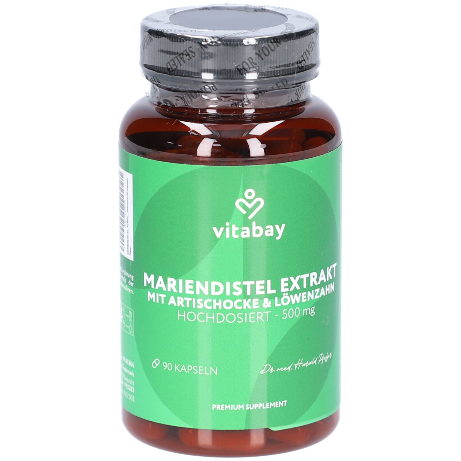 Flacone marrone con etichetta verde. Scritta: Mariendistel Extrakt, Carciofo & Tarassaco. Marca: Vitabay. 90 capsule.
