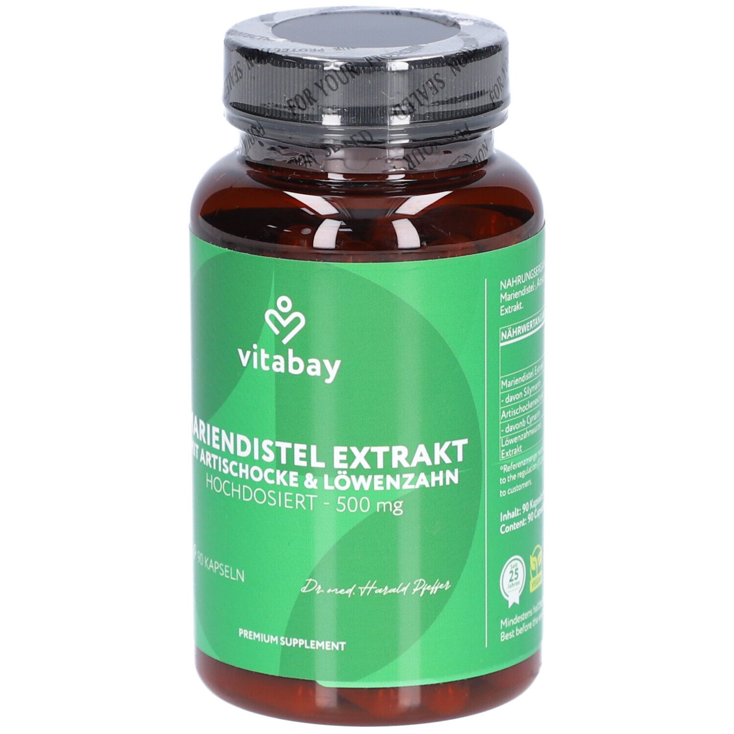 Flacone marrone con etichetta verde. Scritta: Mariendistel Extrakt, Carciofo & Tarassaco. Marca: Vitabay. 90 capsule.