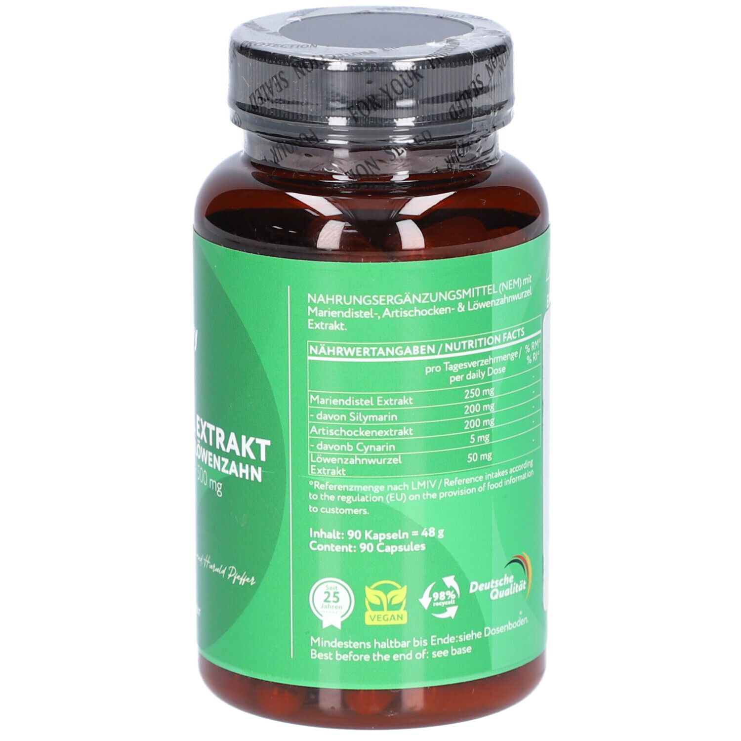 Retro del flacone di capsule con etichetta verde. Contiene informazioni nutrizionali e ingredienti. 90 capsule. Marca: Vitabay.