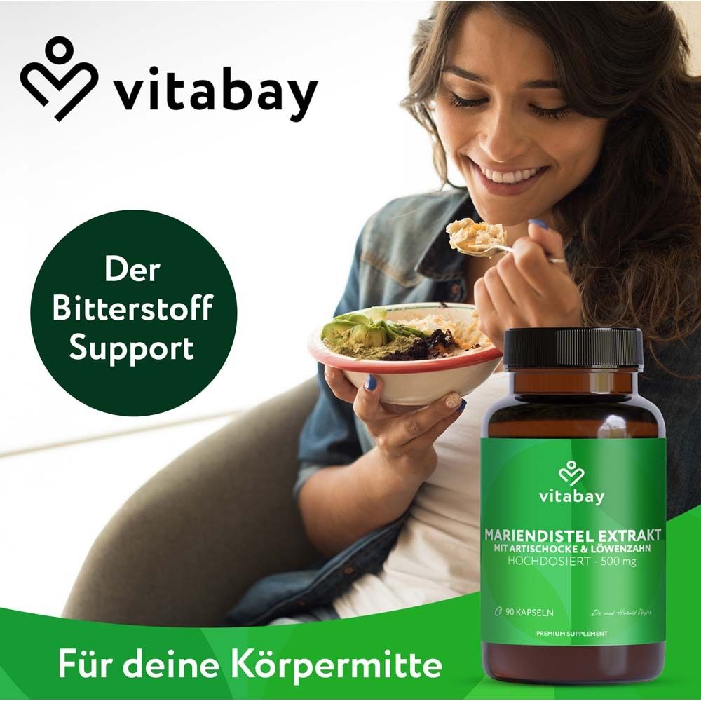 Donna mangia. Flacone di capsule. Scritta: Estratto di cardo mariano, carciofo e tarassaco. Testo: Per il tuo corpo.